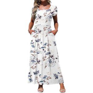 Women's Square Neck Maxi Dresses Petal Short Sleeve Casual Long Dress Pokets